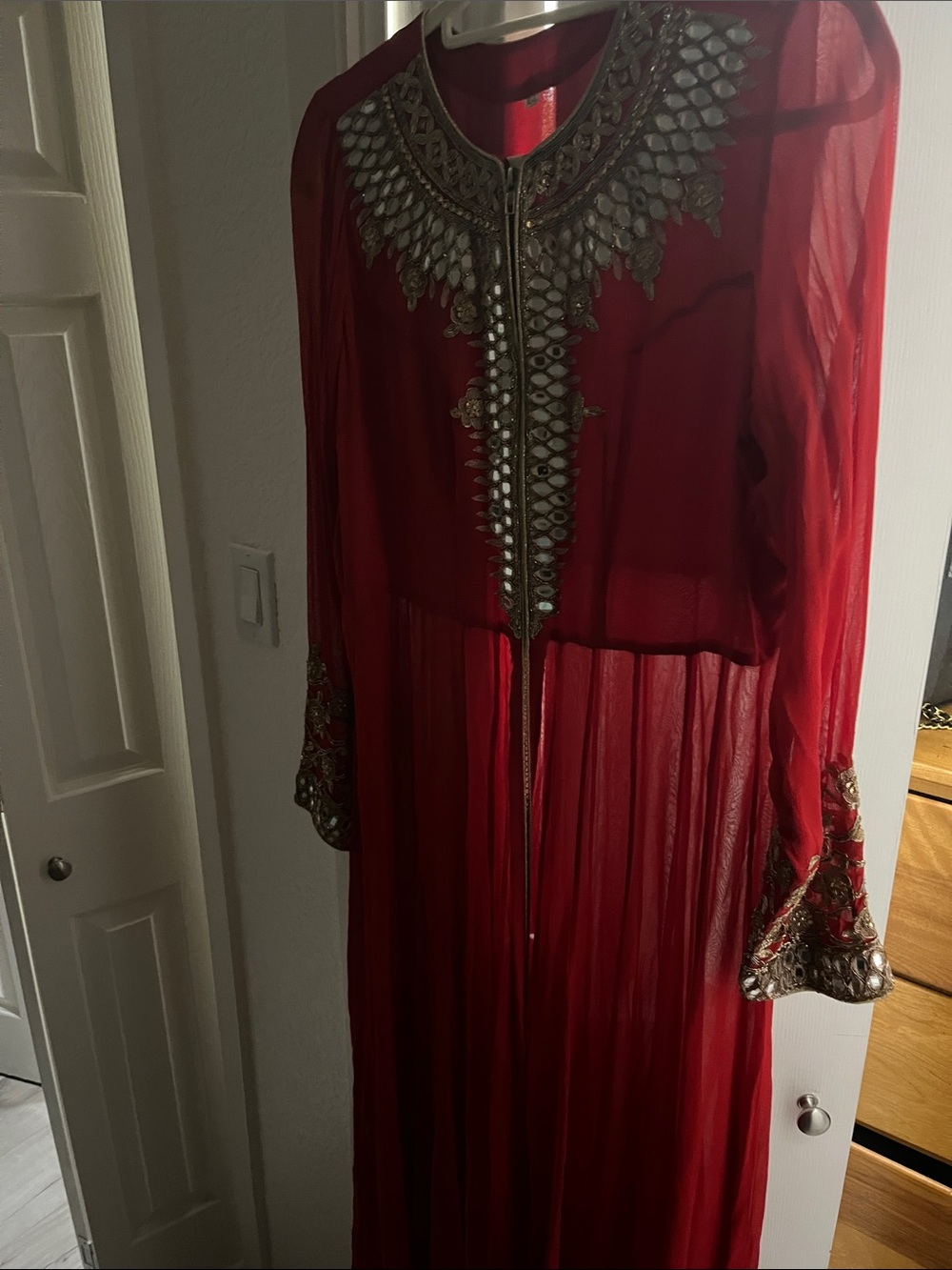 Red Embroidered Sheer Anarkali Dress with Mirrored Accents